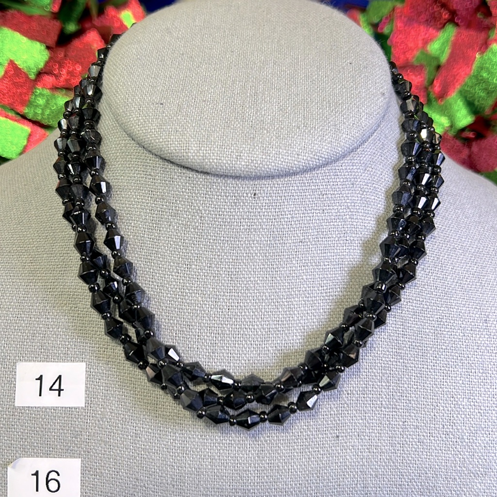 West Germany Three Strand Glass Black Necklace. Beautiful Piece